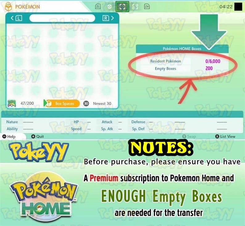 Puede incluir: Una captura de pantalla de la interfaz del juego Pok&eacute;mon. La pantalla muestra las Cajas de Pok&eacute;mon HOME con 0/6.000 Pok&eacute;mon Residentes y 200 Cajas Vac&iacute;as. El texto incluye "Pokemon Home" y "Se necesitan suficientes cajas vac&iacute;as para la transferencia."