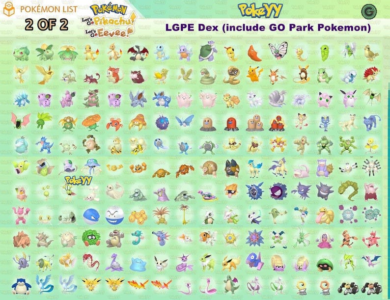 Puede incluir: Un gr&aacute;fico verde que muestra una lista de Pok&eacute;mon, con el texto "POK&Eacute;MON LIST 2 OF 2" y "LGPE Dex (include GO Park Pokemon)". El gr&aacute;fico presenta numerosos personajes Pok&eacute;mon coloridos, con el logotipo "PokeYY" visible.
