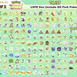 Puede incluir: Un gr&aacute;fico verde titulado "POK&Eacute;MON LIST" con el texto "1 OF 2" y "LGPE Dex (include GO Park Pokemon)". El gr&aacute;fico muestra numerosos personajes Pok&eacute;mon coloridos, incluyendo Pikachu y Eevee, dispuestos en filas y columnas.