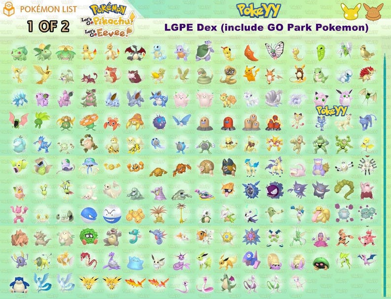 Puede incluir: Un gr&aacute;fico verde titulado "POK&Eacute;MON LIST" con el texto "1 OF 2" y "LGPE Dex (include GO Park Pokemon)". El gr&aacute;fico muestra numerosos personajes Pok&eacute;mon coloridos, incluyendo Pikachu y Eevee, dispuestos en filas y columnas.