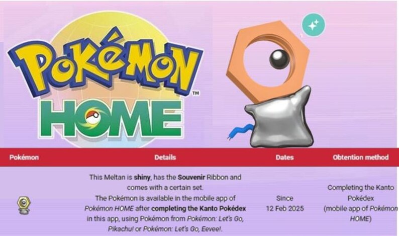 Puede incluir: Imagen promocional de Pok&eacute;mon HOME con el logotipo y un personaje Meltan estilizado. El texto detalla la disponibilidad de un Meltan brillante con una Cinta Souvenir, obtenible al completar el Pok&eacute;dex Kanto.