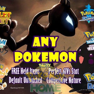 Könnte beinhalten: Werbebild für Pokémon-Spiele mit dem Text "ANY POKEMON". Das Bild enthält Logos für "Scarlet Violet", "Sword Shield", "Brilliant Diamond Shining Pearl", "Legends Arceus", "Let's Go Pikachu", "Let's Go Eevee" und "Pokémon Bank".