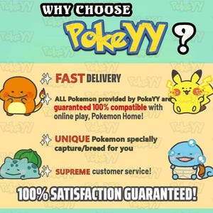 Puede incluir: Un gr&aacute;fico promocional para PokeYY, con el texto "&iquest;POR QU&Eacute; ELEGIR PokeYY?" y varios personajes de Pok&eacute;mon. La imagen destaca "ENTREGA R&Aacute;PIDA", "Pok&eacute;mon &Uacute;NICOS" y "&iexcl;SATISFACCI&Oacute;N 100% GARANTIZADA!" con ilustraciones de dibujos animados de Pok&eacute;mon.