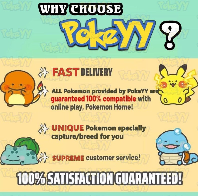 Puede incluir: Un gr&aacute;fico promocional para PokeYY, con el texto "&iquest;POR QU&Eacute; ELEGIR PokeYY?" y varios personajes de Pok&eacute;mon. La imagen destaca "ENTREGA R&Aacute;PIDA", "Pok&eacute;mon &Uacute;NICOS" y "&iexcl;SATISFACCI&Oacute;N 100% GARANTIZADA!" con ilustraciones de dibujos animados de Pok&eacute;mon.