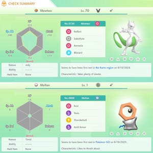 Puede incluir: Una pantalla digital que muestra las estad&iacute;sticas de dos personajes Pok&eacute;mon, Mewtwo y Meltan. Mewtwo es una figura humanoide blanca y morada con una larga cola verde. Meltan es una criatura met&aacute;lica plateada y naranja.