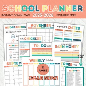 2025-2026 School Planner: Editable Calendar, Checklist (Digital Download)