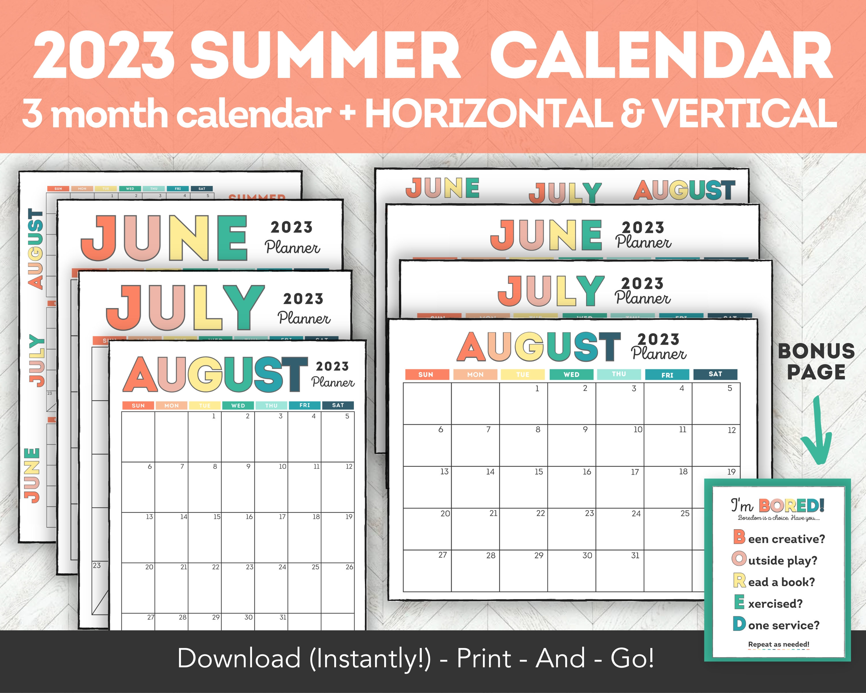 Printable Summer Calendar Summer Planner Monthly Calendar Etsy