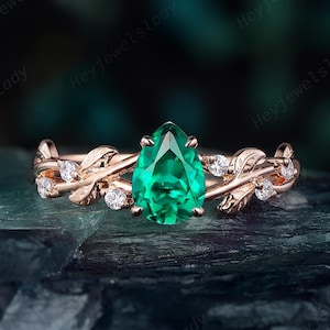 Vintage Pear Shape Emerald Leaf Engagement Ring, Unique Promise Ring, Nature Inspired Twig Vine Wedding Ring Gift for Women Girl Her Mom