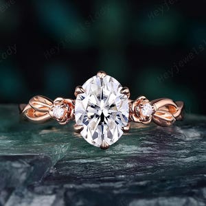 Oval Shape Colorless Moissanite Floral Engagement Ring, Rose Gold Nature Inspired Leaf Promise Ring, Wedding Ring Anniversary Gift for Women