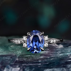 Black Gold Oval Cut Cornflower Blue Sapphire Engagement Ring, Gothic Wedding Ring Witchy Black Rhodium Promise Ring September Birthstone