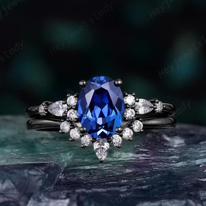 Black Gold Oval Shape Blue Sapphire Engagement Ring, Gothic Wedding Ring Witchy Black Rhodium Promise Ring for Women September Birthstone