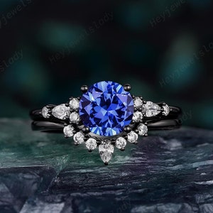 Black Gold Round Shape Cornflower Blue Sapphire Engagement Ring, Gothic Wedding Ring Black Rhodium Promise Ring for her September Birthstone