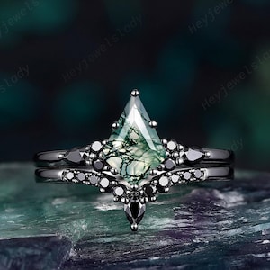 Unique Kite Cut Moss Agate Engagement Ring Set, Gothic Dark Rhodium Black Moissanite Wedding Promise Ring Anniversary Gift for Women Girl