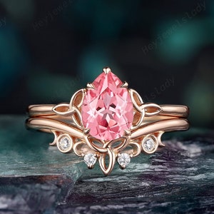 Unique Celtic Knot Pear Shape Pinky Sapphire Engagement Ring Set, Vintage 14k Rose Gold Padparadscha Pink Sapphire Promise Wedding Ring