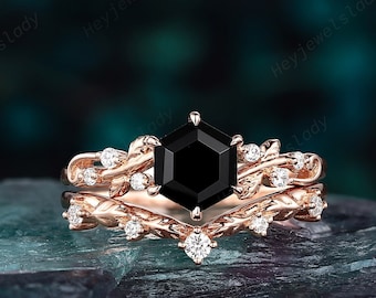 Nature Inspired Hexagon Cut Black Onyx Leaf Engagement Ring Set