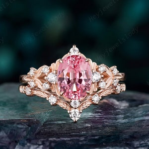 Unique Oval Shape Pink Sapphire and Diamond Engagement Ring, Vintage 14K 18K Rose Gold Leaf Wedding Set, Floral Promise Ring Gift for Women