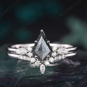 Unique Kite Shape Natural Salt and Pepper Diamond Engagement Ring Set, 14K 18K White Gold Black Diamond Promise Ring Anniversary Ring Gift