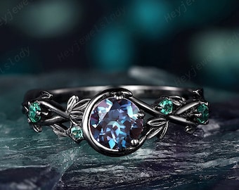 Black Gold Round Shape Alexandrite Engagement Ring, Moon and Star, Rhodium Black Leaf Emerald Promise Ring, Vintage Black Vine Wedding Ring