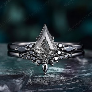 Unique Kite Cut Black Rutilated Quartz Engagement Ring Set, Gothic Rhodium Black Moissanite Wedding Set, Dark Bridal Set Promise Ring Gift