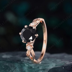Nature Inspired Black Moissanite Floral Engagement Ring, Unique Round Shape Black Gemstone Leaf Promise Ring Rose Gold Anniversary Ring
