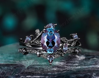 Vintage Black Gold Oval Shape Alexandrite Engagement Rings Rhodium Black Twig Branch Wedding Ring Set Gothic Bridal Set Leaf Promise Rings