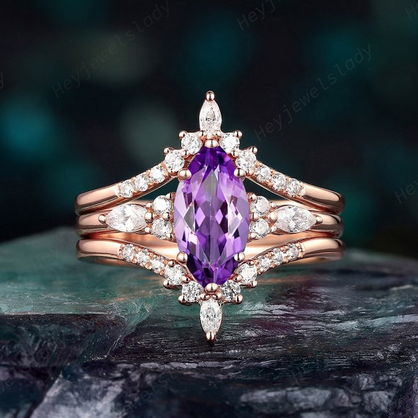 3PCS Unique Marquise Cut Amethyst Engagement Ring Set, 14k Rose Gold Amethyst Wedding Ring, Vintage Purple Stone Promise Ring for Women