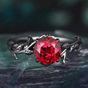 Vintage Black Gold Finish Round Ruby Leaf Engagement Ring , Rhodium Black Ruby Wedding Ring, Black Promise Ring Black Wedding Ring Goth Ring