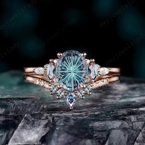 Vintage Oval Shape Fireworks Alexandrite Engagement Ring Set, June Birthstone Promise Wedding Rings, Custom 18K Rose Gold Anniversary Rings