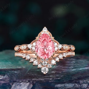 Unique Pear Shape Pinky Sapphire Engagement Ring Set, Vintage 14k Rose Gold Padparadscha Pink Flower Promise Ring, Wedding Ring for Women
