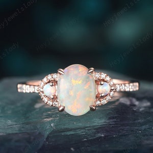Vintage Natural Australia White Opal and Diamond Engagement Ring 14K Rose Gold Oval White Rainbow Fire Opal Promise Wedding Anniversary Ring