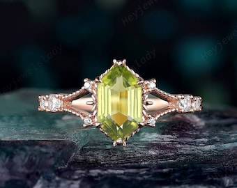 Vintage lange zeshoek Peridot verlovingsring, unieke Peridot Milgrain trouwring, Art Deco Rose Gold Promise Ring verjaardag cadeau voor haar