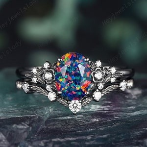 Black Gold Facet Oval Shape Black Opal Floral Engagement Ring Set, Rhodium Black Flower Wedding Ring, Gothic Leaf Bridal Set Promise Ring