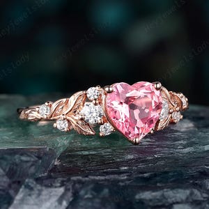 Unique Heart Shape Pink Sapphire Floral Engagement Ring, Nature Inspired Custom Leaf Wedding Ring Rose Gold Promise Ring Gift for Women Her