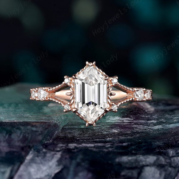 Vintage Long Hexagon Cut Moissanite Engagement Ring, Unique Milgrain Wedding Ring, Art Deco Rose Gold Promise Ring Anniversary Gift for her