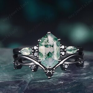 Hexagon Cut Moss Agate Black Engagement Ring, Rhodium Black Wedding Set, Gothic Black Gold Bridal Set, Black Promise Ring Gift For Women