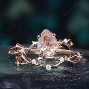 Pear Shape Peach Morganite and Diamond Bridal Set, Rose Gold Teardrop Pink Morganite Wedding Set Twig Branch Promise Engagement Ring for her