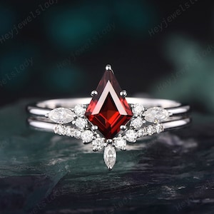 Unique Kite Cut Garnet Engagement Ring Set, 14k White Gold Red Garnet Promise Ring , Vintage Platinum Wedding Bridal Set Silver Ring Gift