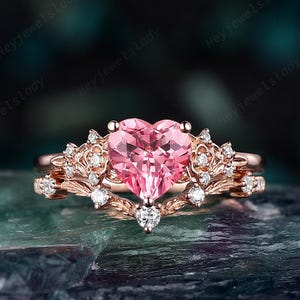 Unique Heart Shape Pink Sapphire Flower Engagement Ring, Art Deco Custom Floral Leaf Wedding Ring Rose Gold Promise Ring Gift for Women Her