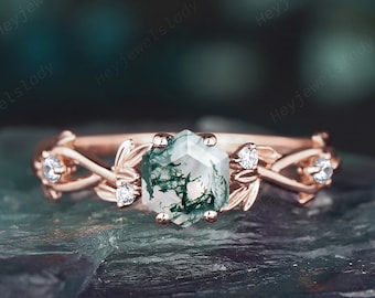 Anillo de compromiso vintage de ágata musgosa hexagonal, anillo de promesa con hojas únicas, anillo de bodas de ágata musgosa en oro rosa de 14 quilates, delicado anillo con forma de rama.