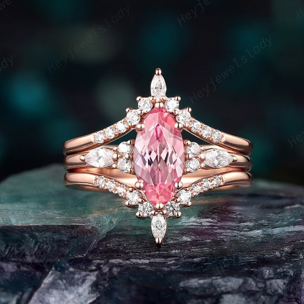 3PCS V Shape Marquise Cut Padparadscha Pink Sapphire Engagement Ring Set, Unique 14k Rose Gold Wedding Ring, Vintage Promise Ring for Women