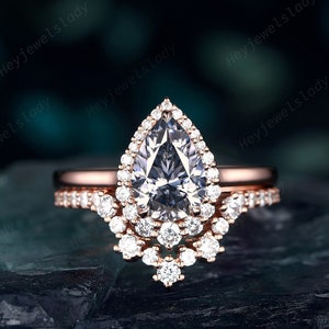 Vintage Pear Shape Gray Moissanite Engagement Ring Set, 14K 18K Rose Gold Halo Grey Moissanite Wedding Set, Promise Anniversary Ring Gift