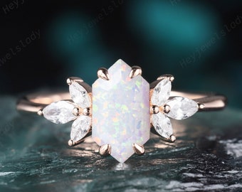 Unique Long Hexagon White Fire Opal Engagement Ring Marquise Moissanite CZ Cluster Wedding Ring 14K Rose Gold Silver 24K Yellow Promise Ring