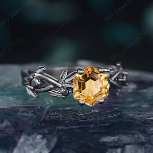 Gothic Black Gold Plated Hexagon Citrine Engagement Ring, Rhodium Black Leaf Twig Branch Citrine Promise Ring, Vintage Citrine Ring Gift