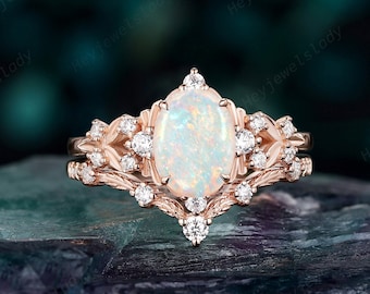 Oval Shape Natural Australian White Opal and Diamond Engagement Ring Set, Rose Gold Leaf Wedding Ring, Vintage Twig Promise Ring Bridal Set