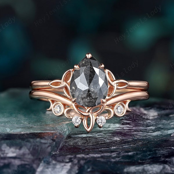 Celtic Knot Pear Shape Natural Salt and Pepper Diamond Engagement Ring Set, 18K Rose Gold black diamond Promise Ring for Women, Wedding Ring