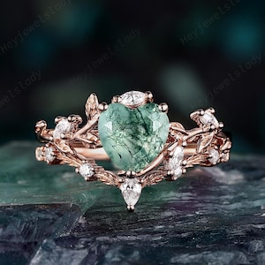 Heart Shape Moss Agate Engagement Ring Set, Green Moss Agate Nature Inspired Leaf Wedding Ring , Rose Gold Vine Promise Ring Gift for her