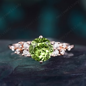 Unique Round Cluster Peridot Engagement Ring, Rose Gold Snowdrift Peridot Promise Anniversary Ring Gift for Her Vintage Peridot Wedding Ring