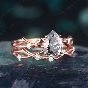 Vintage Pear Cut Gray Moissanite Bridal Set, Unique Grey Moissanite Wedding Ring, 14K 18K Rose Gold Twig Branch Promise Engagement Ring Set