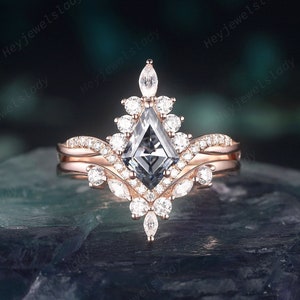 Vintage Kite Cut Gray Moissanite Engagement Ring Set, Unique 14K Rose Gold Grey Moissanite Halo Wedding Set, Chevron Moissanite Bridal Set