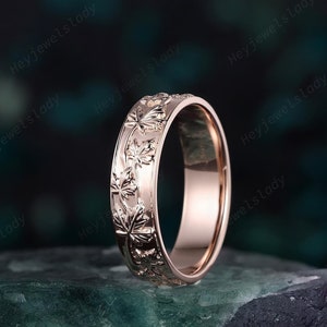 Full Eternity Maple Leaf Men&#39;s Wedding Band, Rose Gold Engagement Matching Band, Floral Straight Band for Men, Nature Inspired Promise Ring